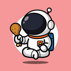 Cute Astronaut Eating Fried Chicken Illustration for Space Cartoon Character and Food Concept Design