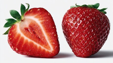 Two strawberries, one sliced, showing juicy red interior