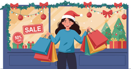 Festive holiday shopping scene with cheerful woman in Santa hat enjoying Christmas sales and