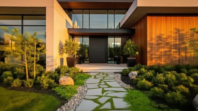 Architectural showcase of a modern luxury house with elegant landscaping and a stone path