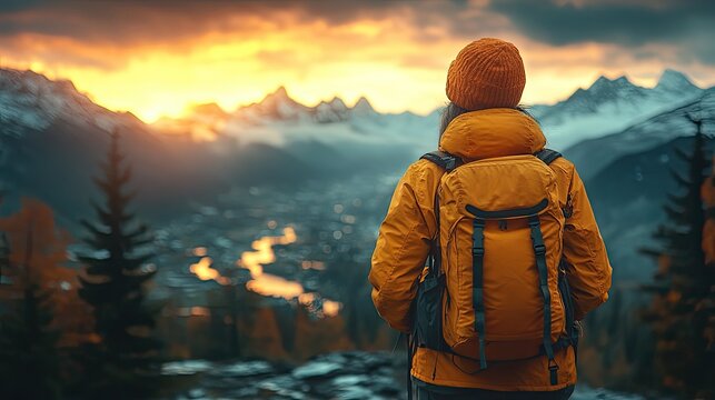 Adventurous person watching a spectacular sunrise over a mountain valley.