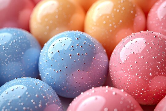 Colorful pastel candy spheres with sugar sprinkles close up.