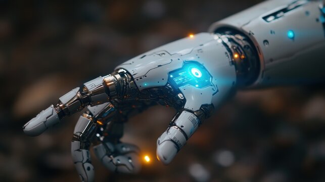 Futuristic Robotic Hand with Glowing Blue Lights Reaching Out.