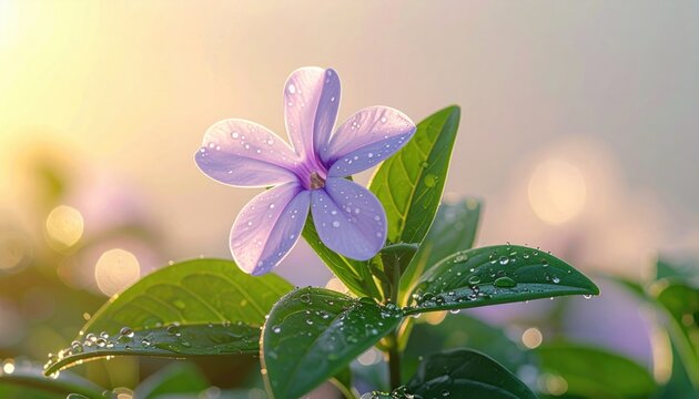 Dew Drops on Purple Periwinkle Flower in Soft Golden Morning Sunlight Macro Beauty