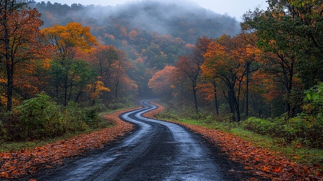 A Serpentine Road Winds Through a Colorful Autumnal Forest on a Foggy Day.