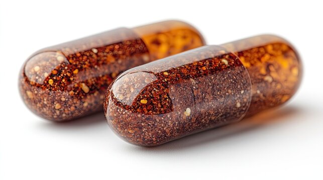 Two brown herbal supplement capsules close up isolated on a clean white background.