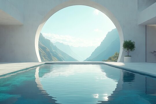 Luxury indoor swimming pool with a large circular window overlooking a serene mountain valley.