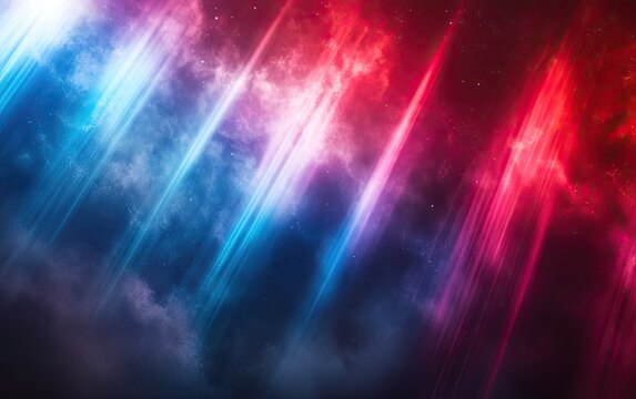 Energetic abstract background with vibrant red and blue light rays through smoke.