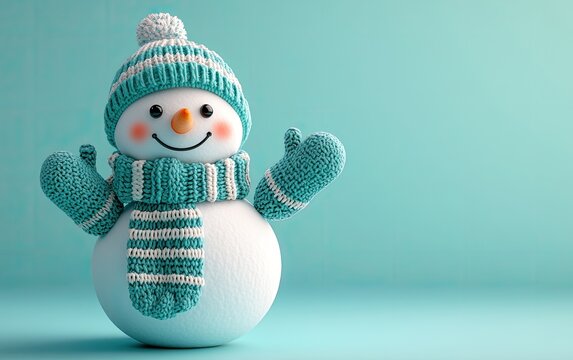 Happy snowman wearing a turquoise knitted hat scarf and mittens.