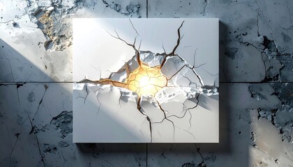 Cracked tile with bright glowing light