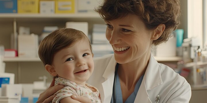 A smiling female doctor holds a happy baby in her arms.