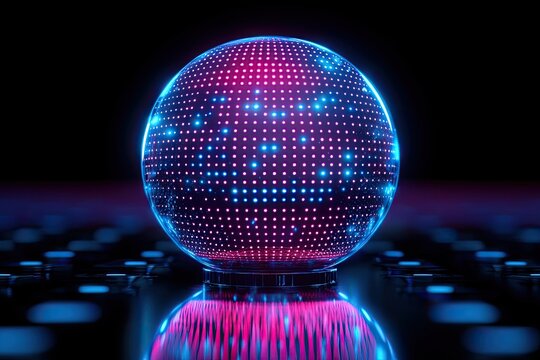 Futuristic Glowing Digital Sphere of Data and Technology on Reflective Surface.