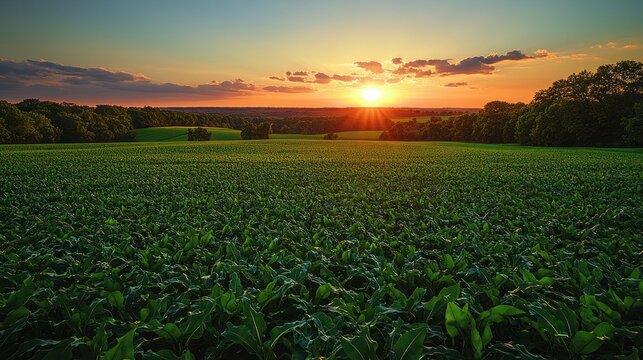 Vibrant sunset over a lush green agricultural crop field in the countryside.