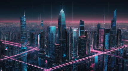 Obraz premium Futuristic city skyline at night with vibrant neon lights and tall skyscrapers in a bustling urban environment