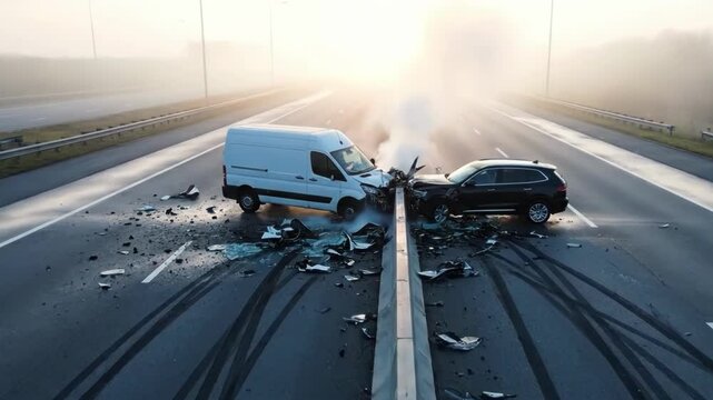 Two vehicles collide on a highway, resulting in a serious accident with debris scattered across the road.