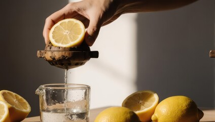 Hand squeezing fresh lemon juice into a glass beaker with whole lemons nearby.