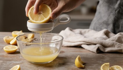 Hand squeezing fresh lemon juice into a glass bowl with cut lemons on a wooden table.