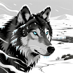 Polar Wolf with icy fur looking pensive in a snowy landscape