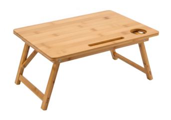 Natural wood portable lap desk with cup holder and slot for devices isolated on transparent background