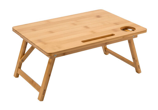 Natural wood portable lap desk with cup holder and slot for devices isolated on transparent background