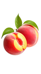 Two ripe peaches, one whole and one halved, displayed against a black background. 