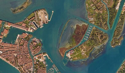 Venice, Italy: High-Resolution Aerial View of the Iconic Water City and Canal Network