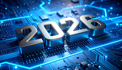 New Year 2026 numbers displayed on a glowing Blue microchip surface, symbolizing futuristic digital innovation and advancing technology