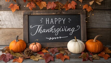 Happy thanksgiving chalkboard with pumpkins and autumn leaves on rustic wood background