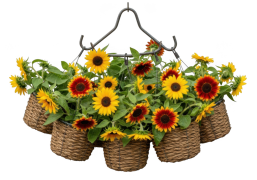 Abundant hanging basket filled with vibrant sunflowers and green foliage isolated on transparent background