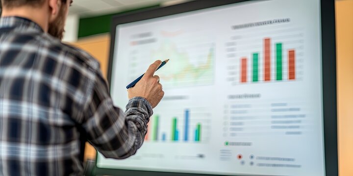 Male professional analyzing business data charts on a large interactive digital screen during a presentation.