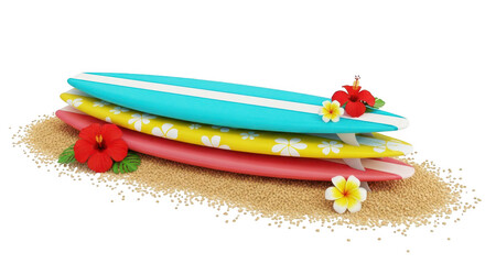 Stack of colorful surfboards adorned with tropical flowers on sand isolated on transparent background