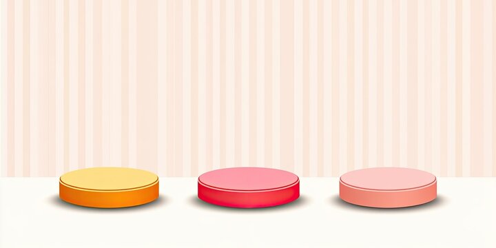 Three colorful 3D cylinder podiums on a pastel striped background for product display.