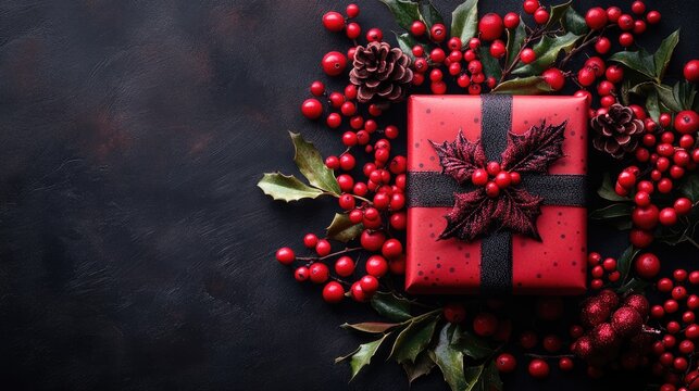 Festive Red Christmas Gift Box with Holly Berries on a Dark Background.