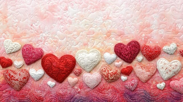 Collection of red pink and white textured hearts on a romantic background.