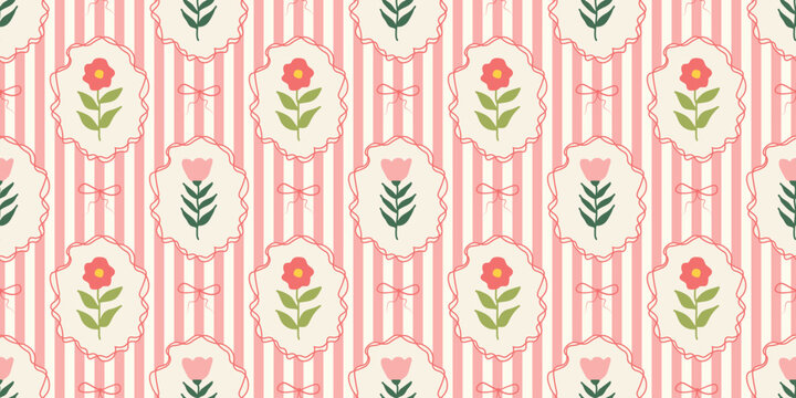 Stripes seamless pattern with hand drawn flower in ribbon frame with bow. floral elegant background. Perfect for decor, fabric, textile, wallpaper