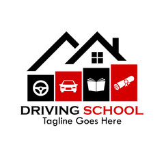 Modern and simple driving school logo with a car, wheel, book, and shield. Great for driving schools, driving instructors, or any automotive-related business.