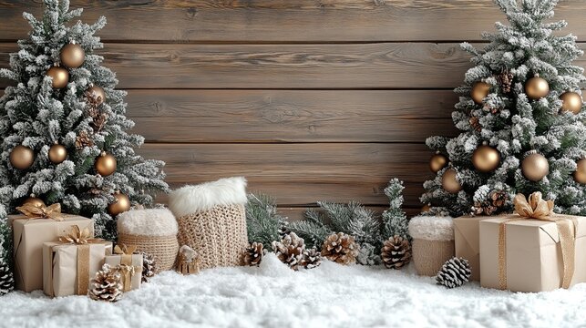 Rustic Christmas Scene with Decorated Trees and Gifts on Snow.