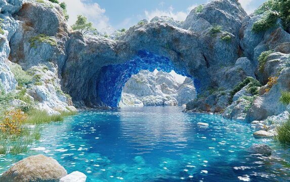 Mystical Blue Crystal Arch Over a Tranquil Hidden Lagoon.