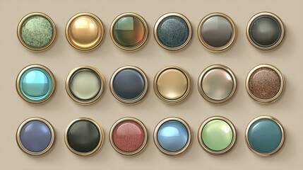 Group of 20 round metallic buttons arranged neatly
