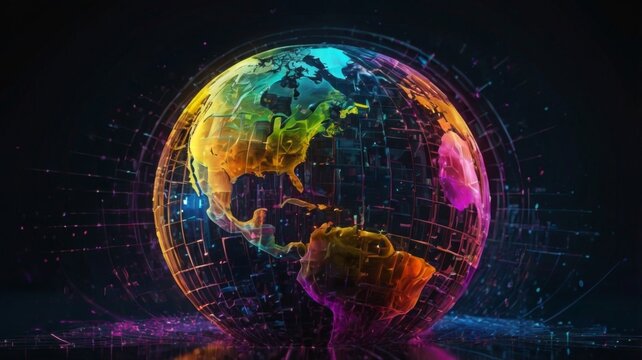 Vibrant Abstract Globe Visualization with Colorful Lines and Dots Representing Global Connections and Technology