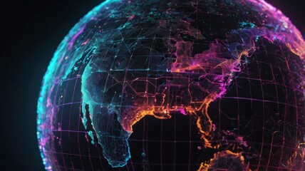 Futuristic Digital Earth Glow with Colorful Grid Overlay and Bright Network Connections Representing Global Connectivity
