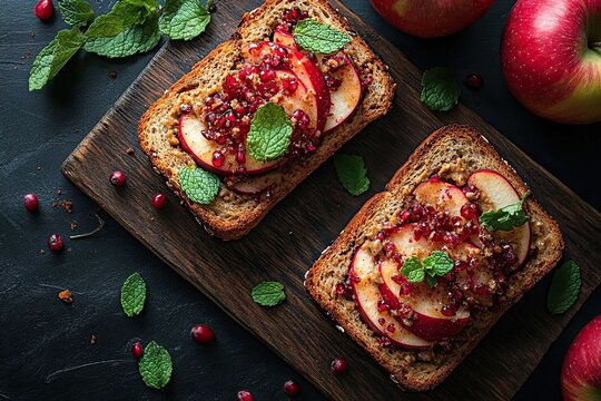 Artisan Toast with Red Apple Pomegranate and Fresh Mint on a Wooden Board.