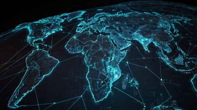 Futuristic Global Network with Digital Map and Geometric Lines Representing Connectivity and Communication Across Continents - Powered by Adobe