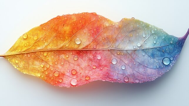Vibrant rainbow colored leaf with glistening water droplets on a clean white background.