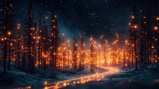 Magical winter forest illuminated by a glowing river of light under a starry night sky.