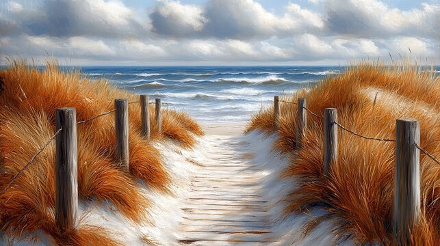 Scenic wooden boardwalk path through grassy sand dunes to the ocean shore.