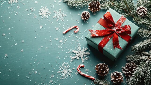 Festive Christmas Gift Box with Holiday Decorations on Teal Background.