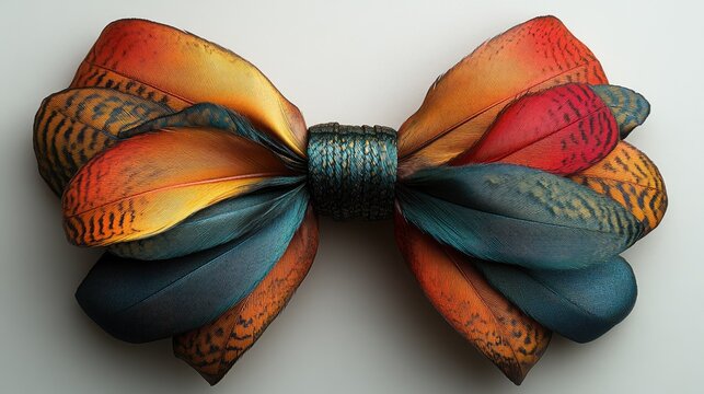 Colorful handmade satin ribbon bow with a detailed feather pattern.