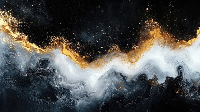 Dynamic abstract wave of black white and gold paint.