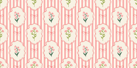Stripes seamless pattern with hand drawn flower in ribbon frame with bow. floral elegant background. Perfect for decor, fabric, textile, wallpaper